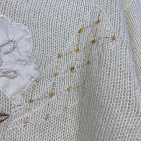 Vintage Angenie Ivory Wool Blend Sweater Sequin Pearl Accents Woman's Face Small - Picture 3 of 6